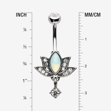 Detail View 1 of Divine Lotus Sparkle Dangle Belly Button Ring-Clear Gem/Pacific Opalite